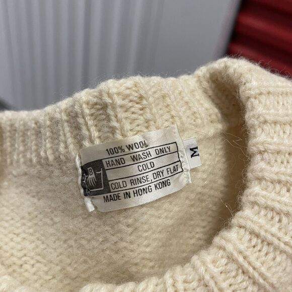 Vintage Women Hand Knit Fisherman Cable Knit Beige Cardigan Sweater Size M Cream - Picture 4 of 6